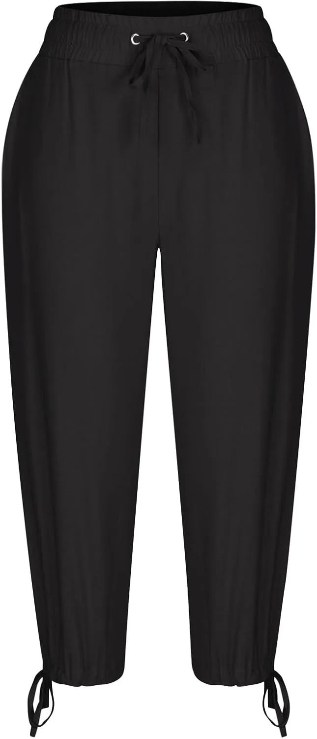 YRAETENM Capri Linen Pants for Women Summer Drawstring Elastic High Waist Lounge Pants Straight Wide Leg Cropped Trouser