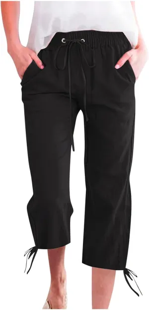 YRAETENM Capri Linen Pants for Women Summer Drawstring Elastic High Waist Lounge Pants Straight Wide Leg Cropped Trouser
