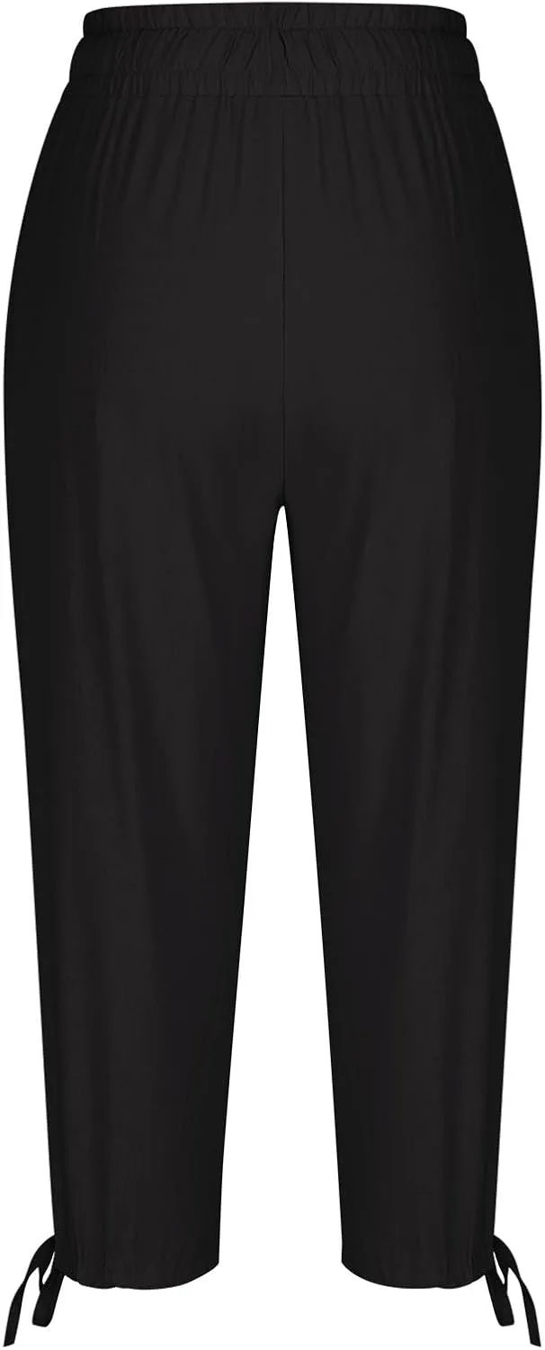 YRAETENM Capri Linen Pants for Women Summer Drawstring Elastic High Waist Lounge Pants Straight Wide Leg Cropped Trouser