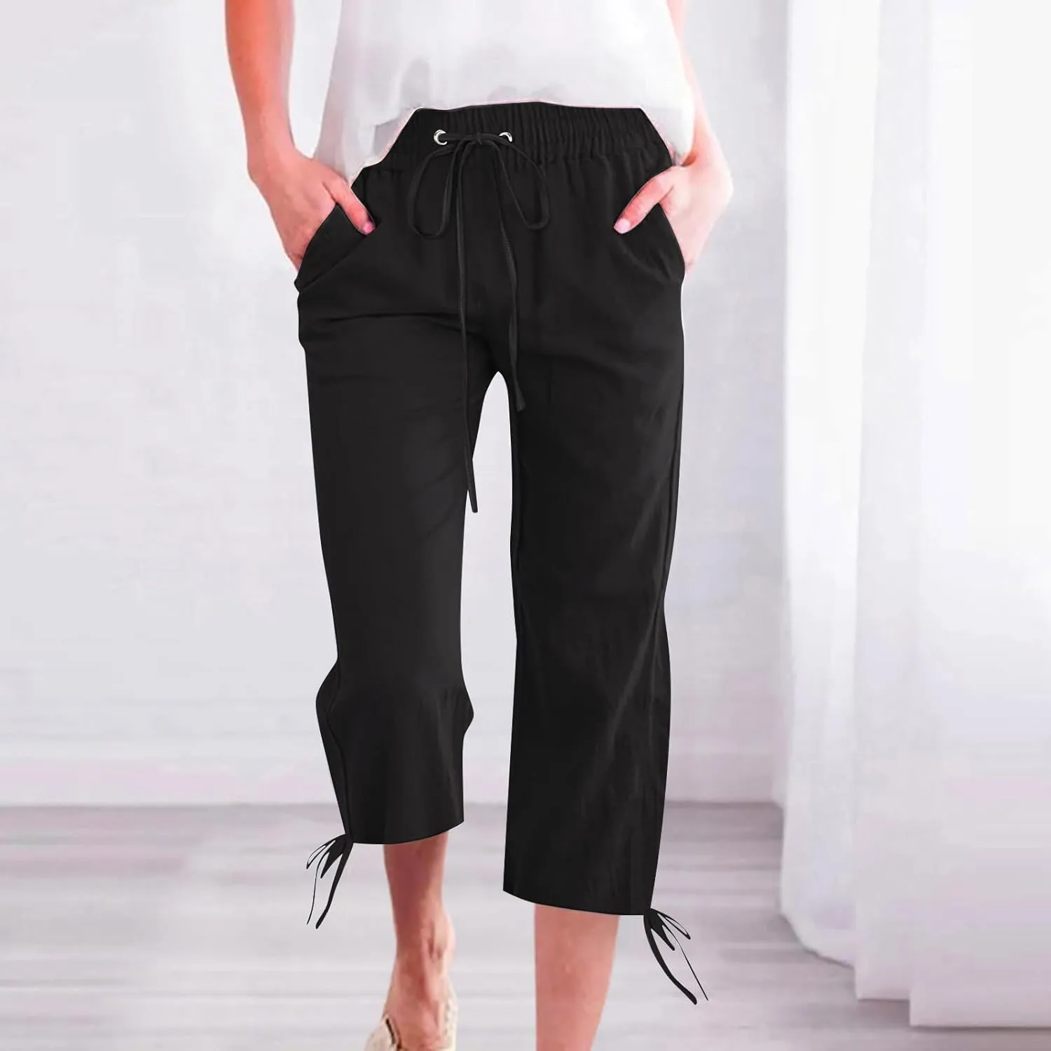 YRAETENM Capri Linen Pants for Women Summer Drawstring Elastic High Waist Lounge Pants Straight Wide Leg Cropped Trouser