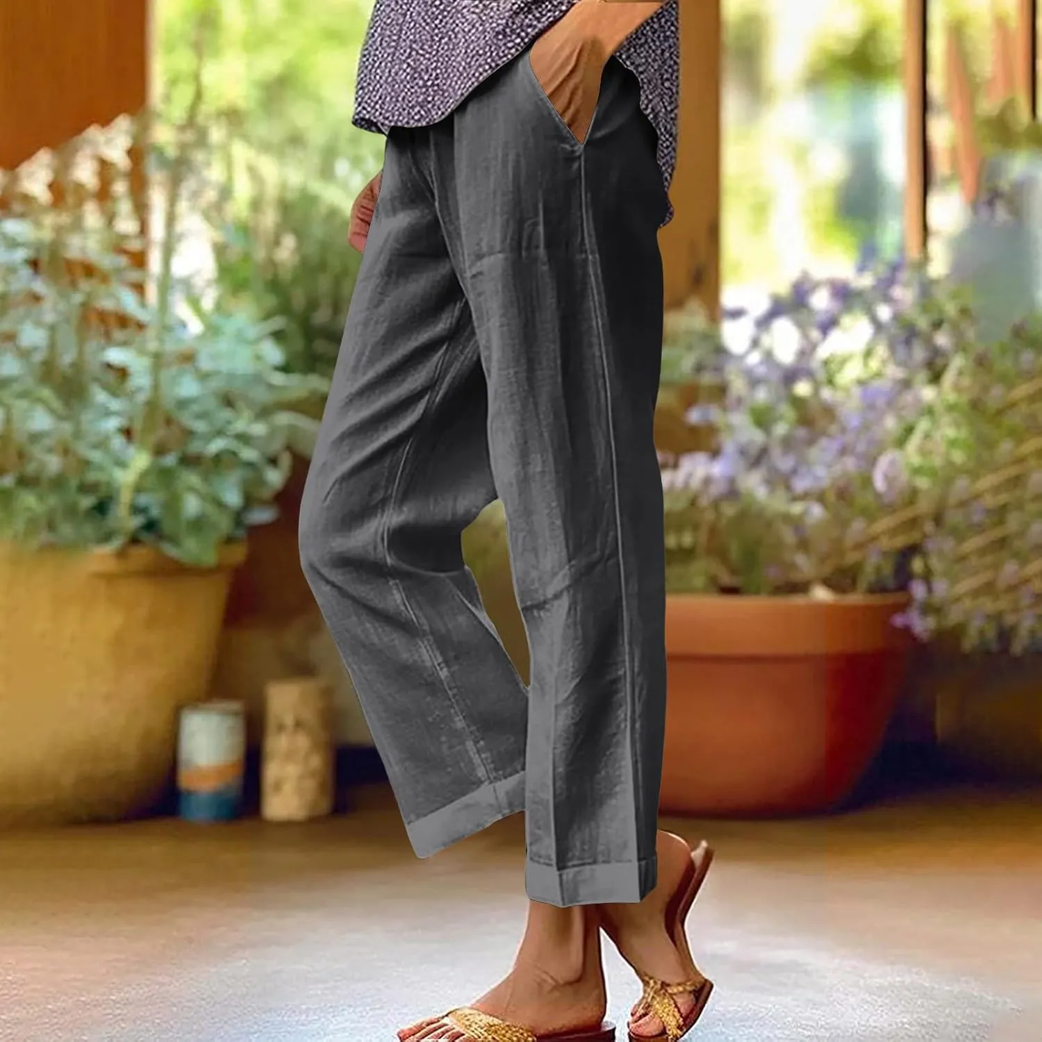 YRAETENM Cotton Linen Pants Women Elastic High Waist Straight Leg Lounge Pants Casual Slacks Summer Trouser with Pockets