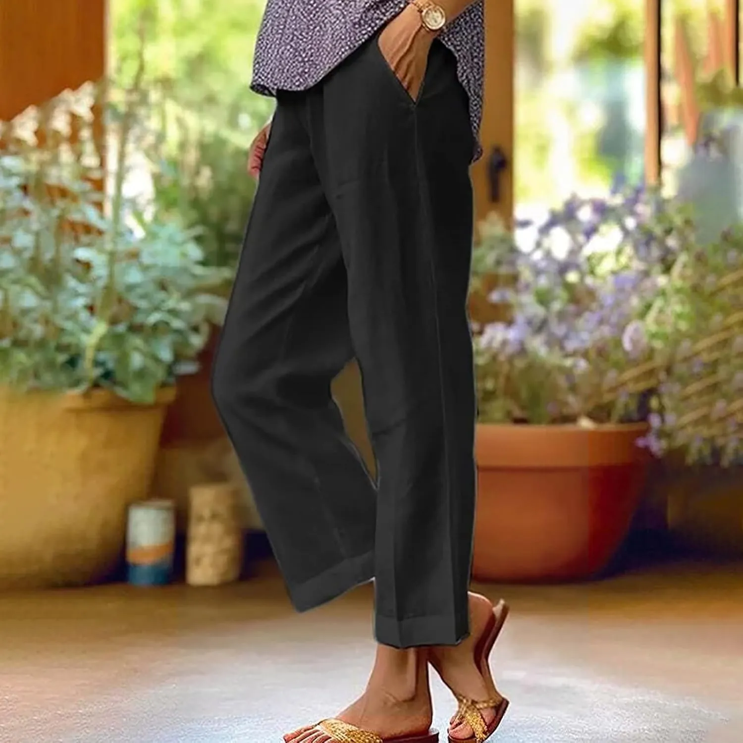 YRAETENM Cotton Linen Pants Women Elastic High Waist Straight Leg Lounge Pants Casual Slacks Summer Trouser with Pockets