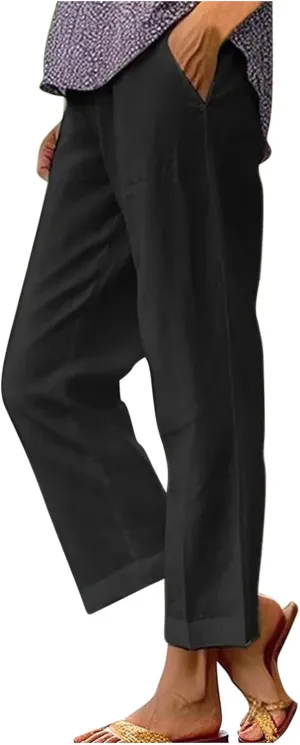 YRAETENM Cotton Linen Pants Women Elastic High Waist Straight Leg Lounge Pants Casual Slacks Summer Trouser with Pockets