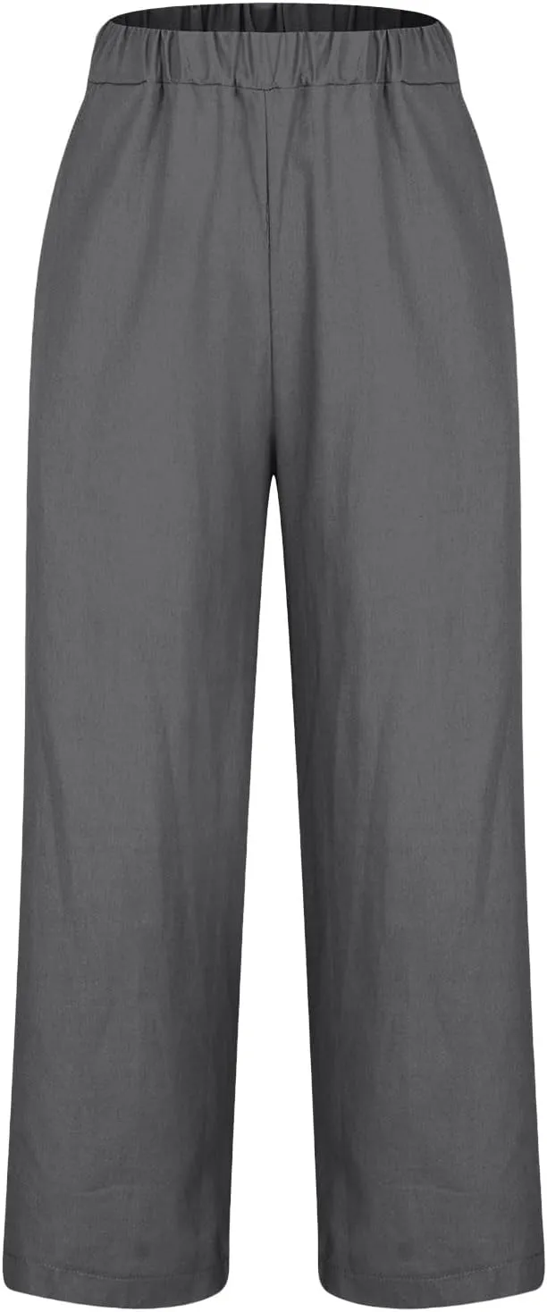 YRAETENM Cotton Linen Pants Women Elastic High Waist Straight Leg Lounge Pants Casual Slacks Summer Trouser with Pockets