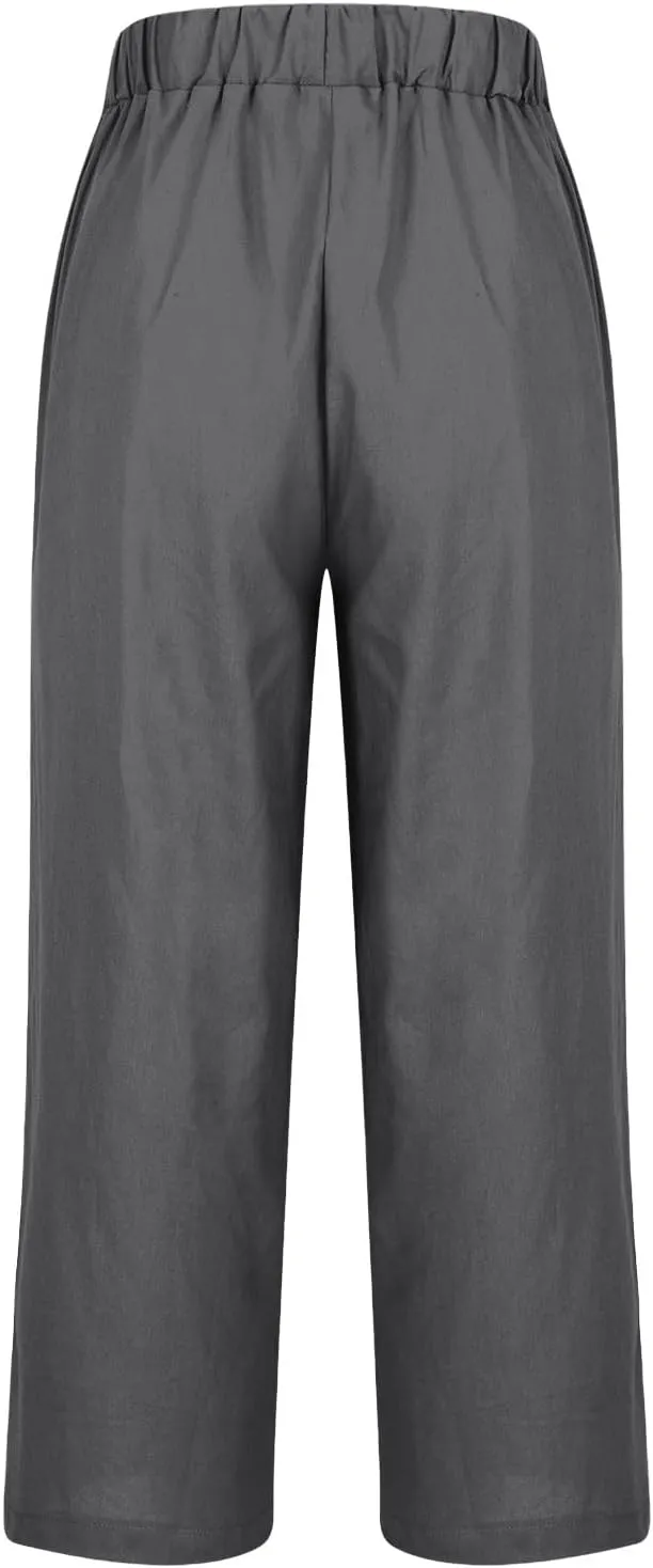 YRAETENM Cotton Linen Pants Women Elastic High Waist Straight Leg Lounge Pants Casual Slacks Summer Trouser with Pockets