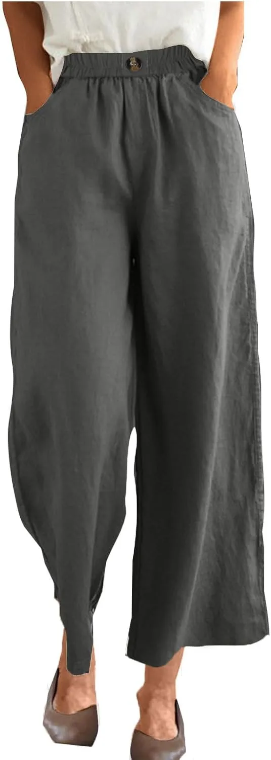 YRAETENM Cotton Linen Pants Women High Elastic Waisted Wide Leg Lounge Trousers Casual Lightweight Baggy Pants with Pockets