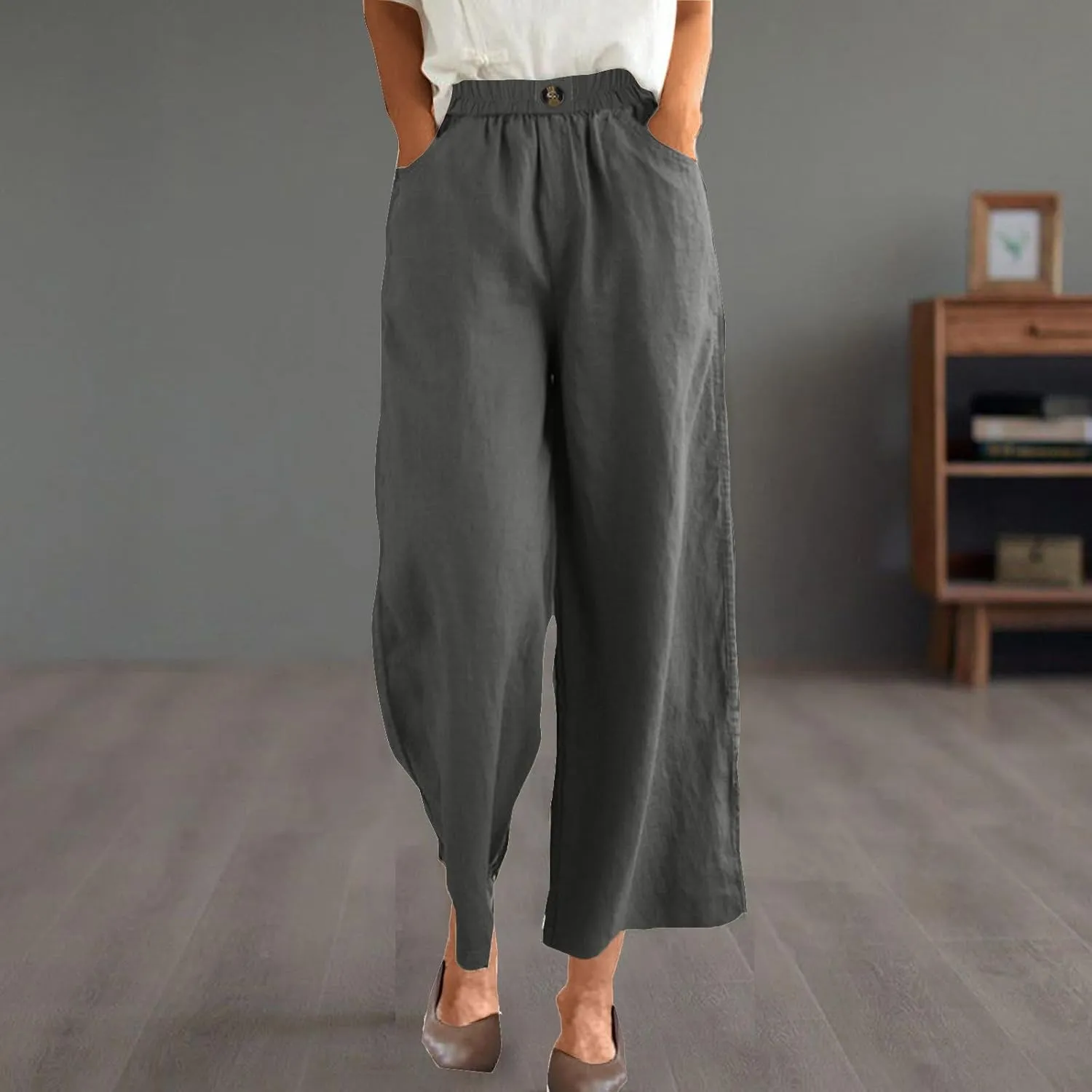 YRAETENM Cotton Linen Pants Women High Elastic Waisted Wide Leg Lounge Trousers Casual Lightweight Baggy Pants with Pockets