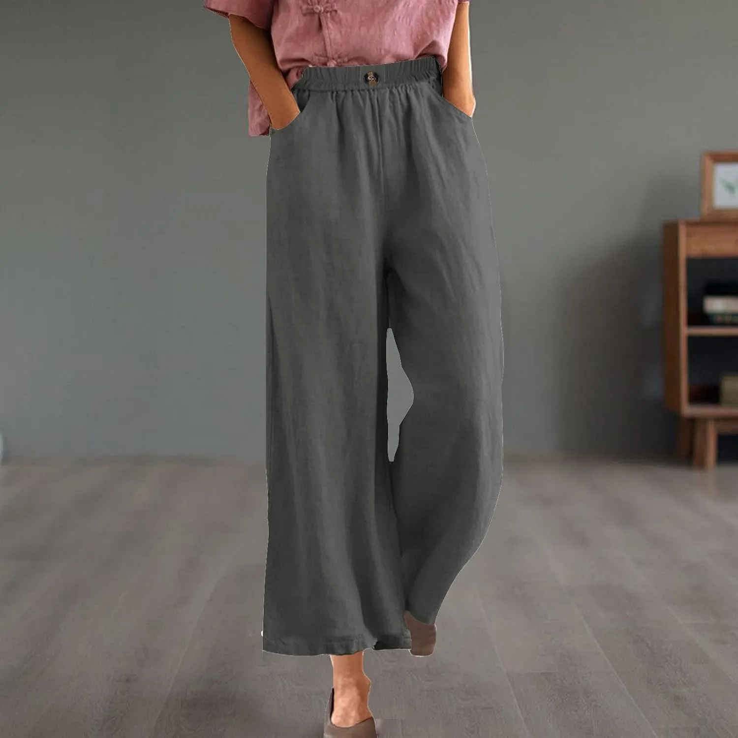 YRAETENM Cotton Linen Pants Women High Elastic Waisted Wide Leg Lounge Trousers Casual Lightweight Baggy Pants with Pockets
