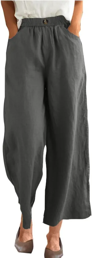 YRAETENM Cotton Linen Pants Women High Elastic Waisted Wide Leg Lounge Trousers Casual Lightweight Baggy Pants with Pockets