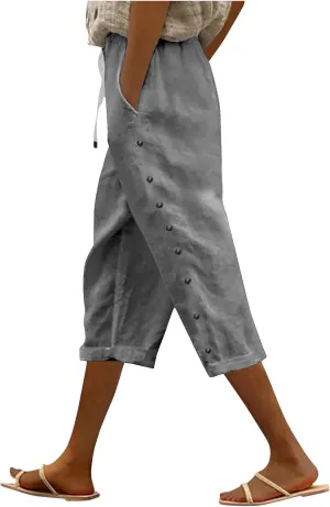 YRAETENM Linen Capris for Women Sumemr Drawstring High Waist Straight Leg Trousers Comfy Side Button Capri Pants with Pockets
