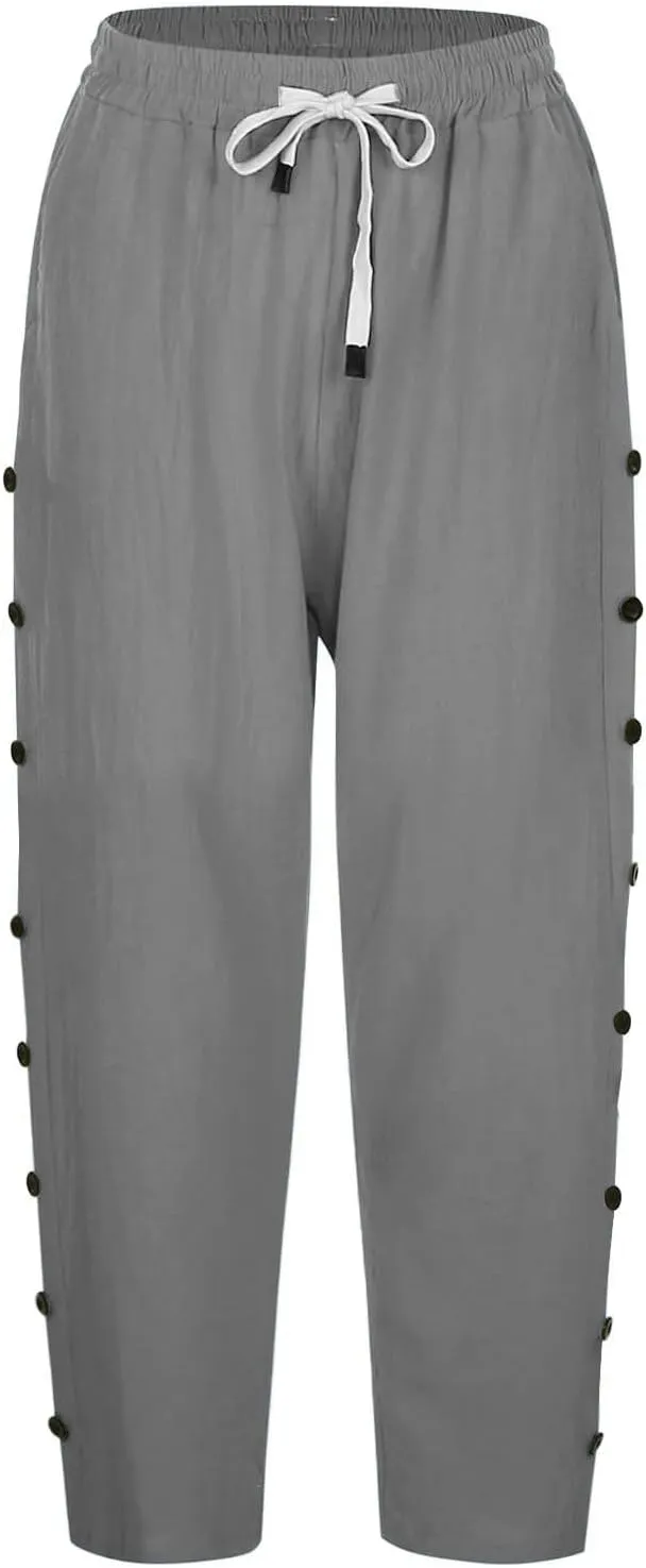 YRAETENM Linen Capris for Women Sumemr Drawstring High Waist Straight Leg Trousers Comfy Side Button Capri Pants with Pockets