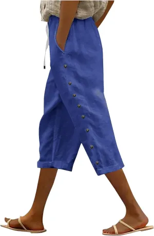 YRAETENM Linen Capris for Women Sumemr Drawstring High Waist Straight Leg Trousers Comfy Side Button Capri Pants with Pockets