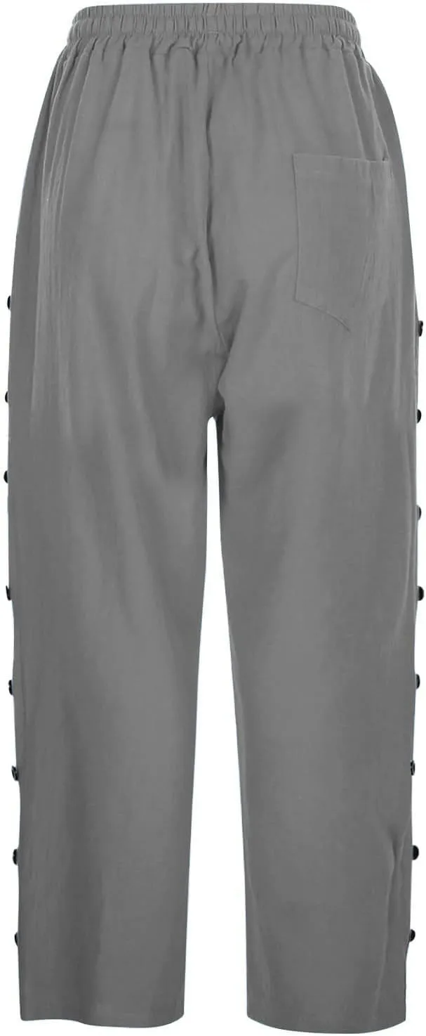 YRAETENM Linen Capris for Women Sumemr Drawstring High Waist Straight Leg Trousers Comfy Side Button Capri Pants with Pockets
