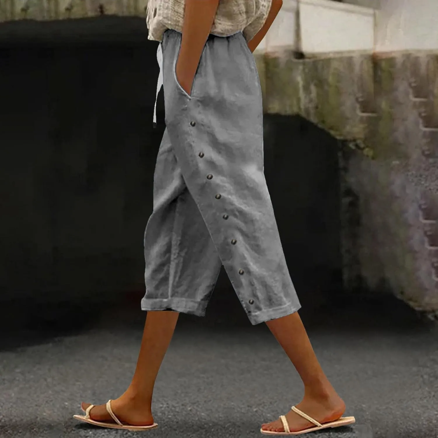 YRAETENM Linen Capris for Women Sumemr Drawstring High Waist Straight Leg Trousers Comfy Side Button Capri Pants with Pockets