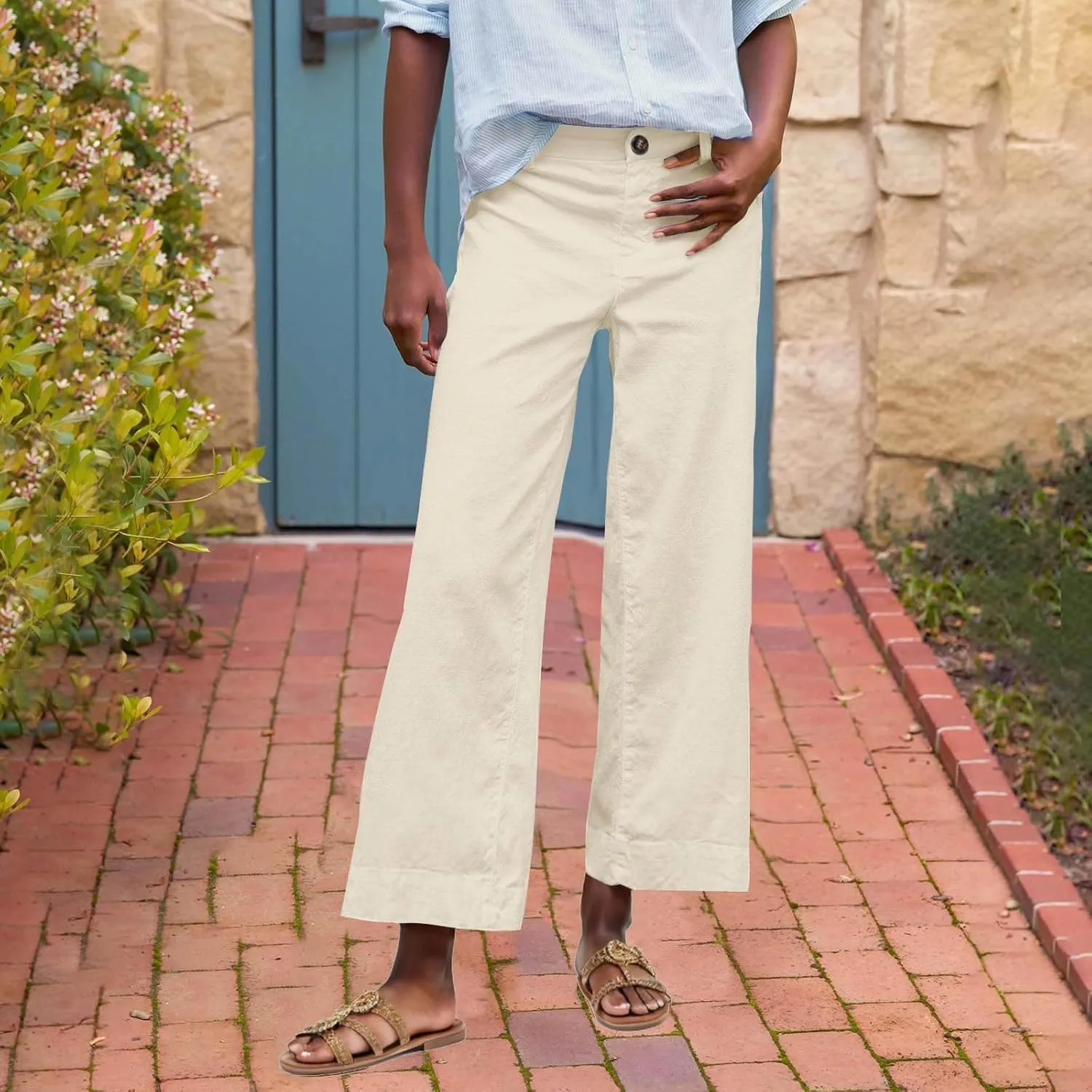 YRAETENM Linen Pants Women High Waisted Cropped Wide Leg Pants Business Casual Dress Pants Comfy Lounge Pants with Pockets