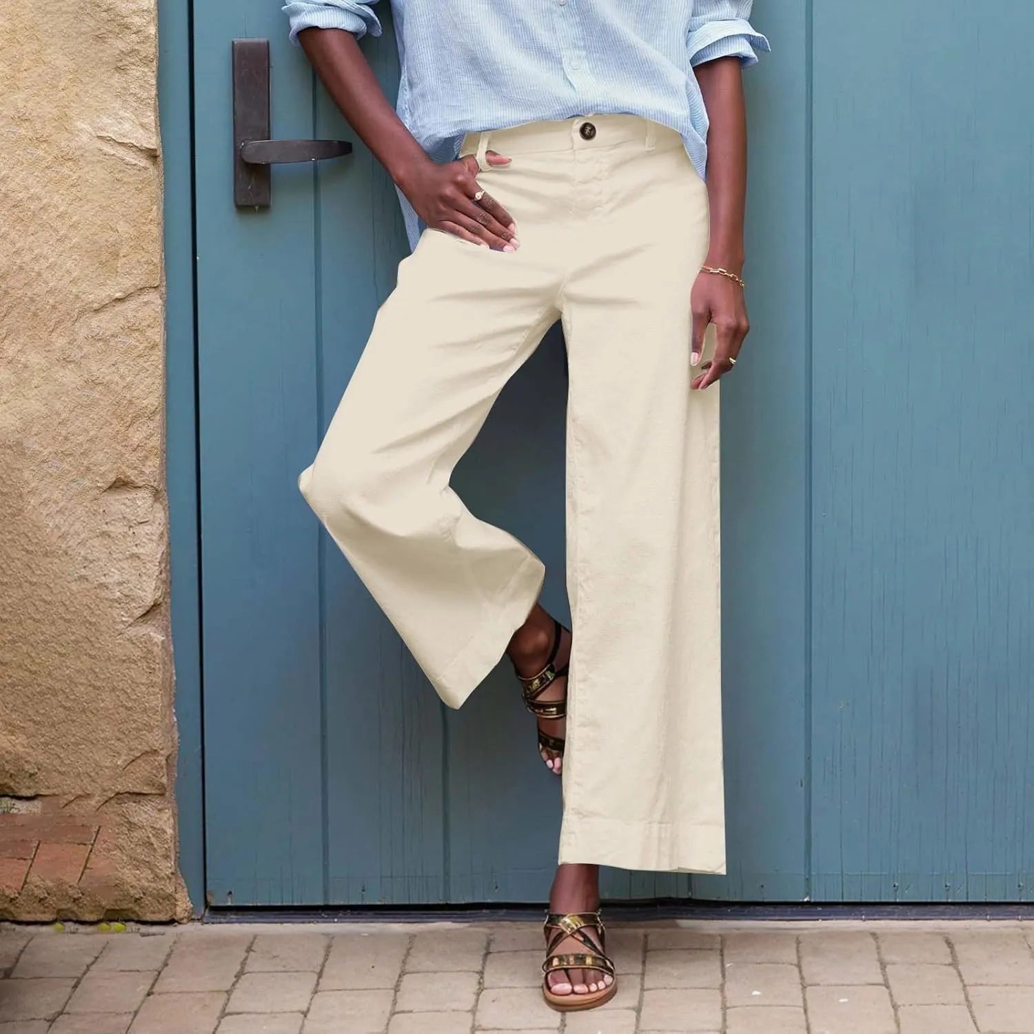 YRAETENM Linen Pants Women High Waisted Cropped Wide Leg Pants Business Casual Dress Pants Comfy Lounge Pants with Pockets