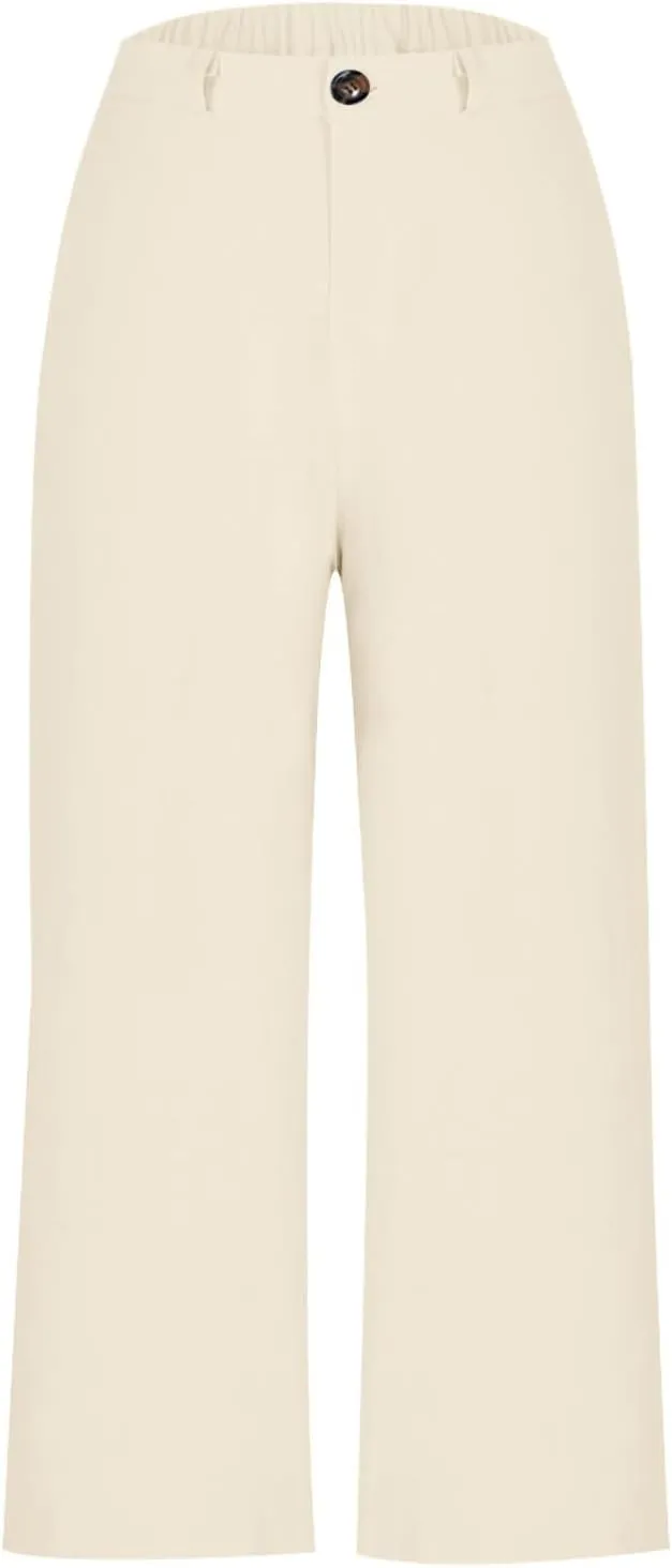 YRAETENM Linen Pants Women High Waisted Cropped Wide Leg Pants Business Casual Dress Pants Comfy Lounge Pants with Pockets