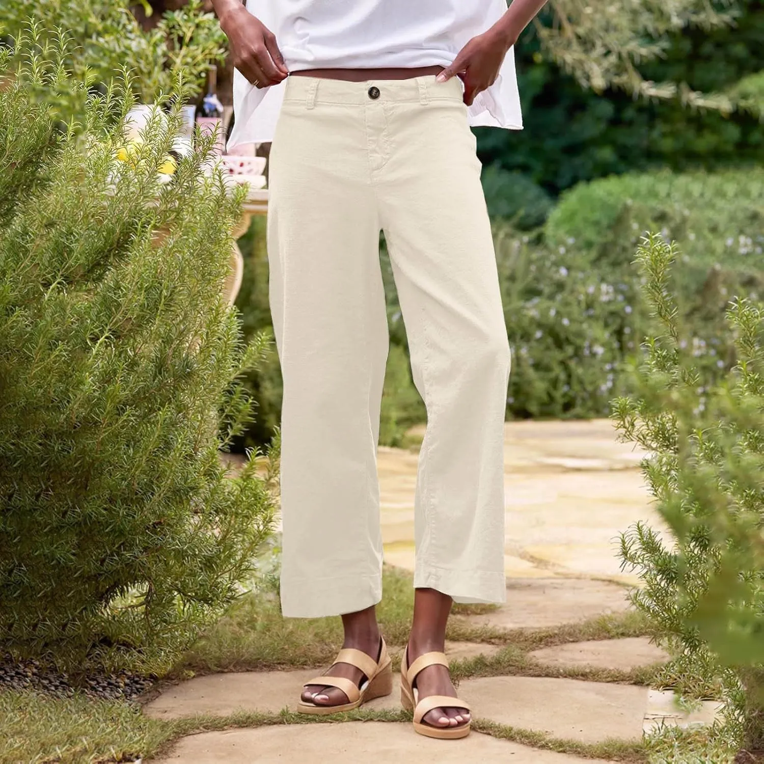 YRAETENM Linen Pants Women High Waisted Cropped Wide Leg Pants Business Casual Dress Pants Comfy Lounge Pants with Pockets