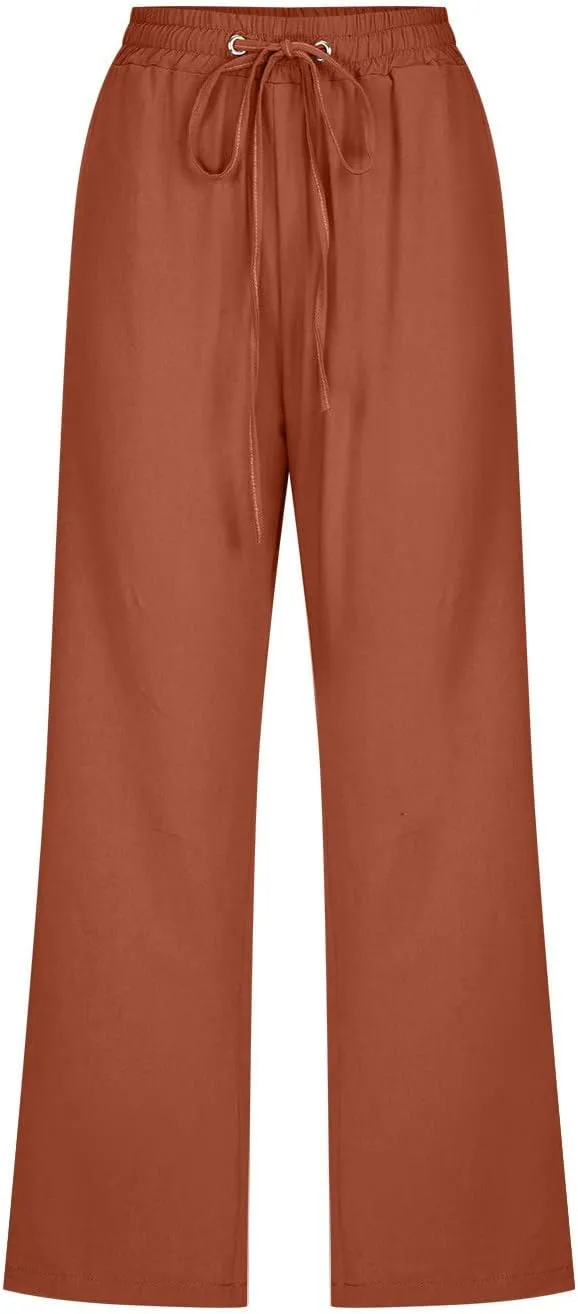YRAETENM Linen Pants Women Summer Drawstring Elastic High Waist Capri Pants Casual Straight Wide Leg Trouser Wirh Pockets