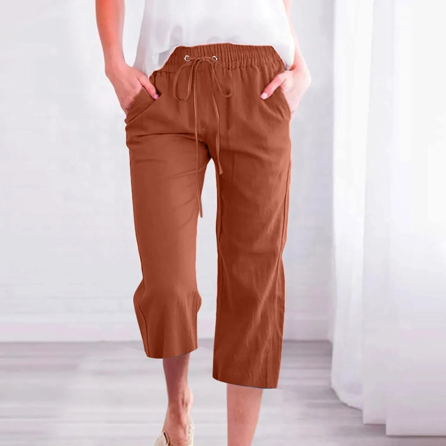 YRAETENM Linen Pants Women Summer Drawstring Elastic High Waist Capri Pants Casual Straight Wide Leg Trouser Wirh Pockets