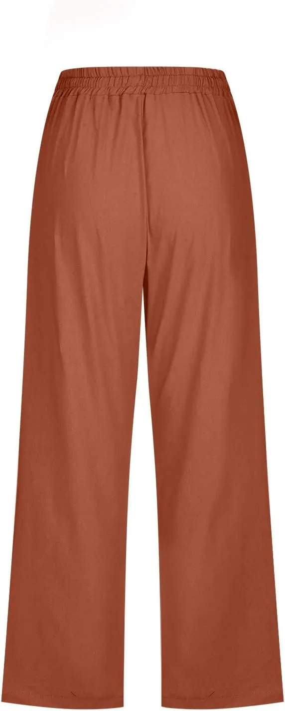 YRAETENM Linen Pants Women Summer Drawstring Elastic High Waist Capri Pants Casual Straight Wide Leg Trouser Wirh Pockets