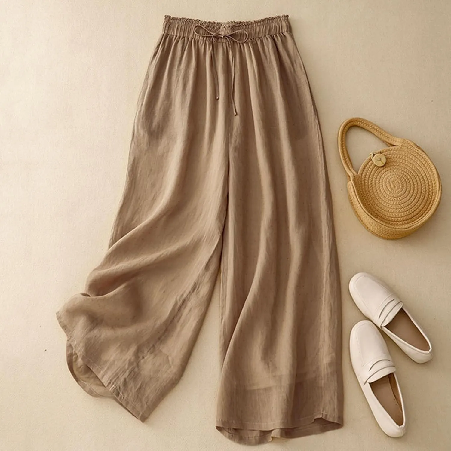 YRAETENM Wide Leg Pants for Women Baggy Elastic Waist Cotton Linen Pants Plus Size Palazzo Lounge Trousers with Pockets