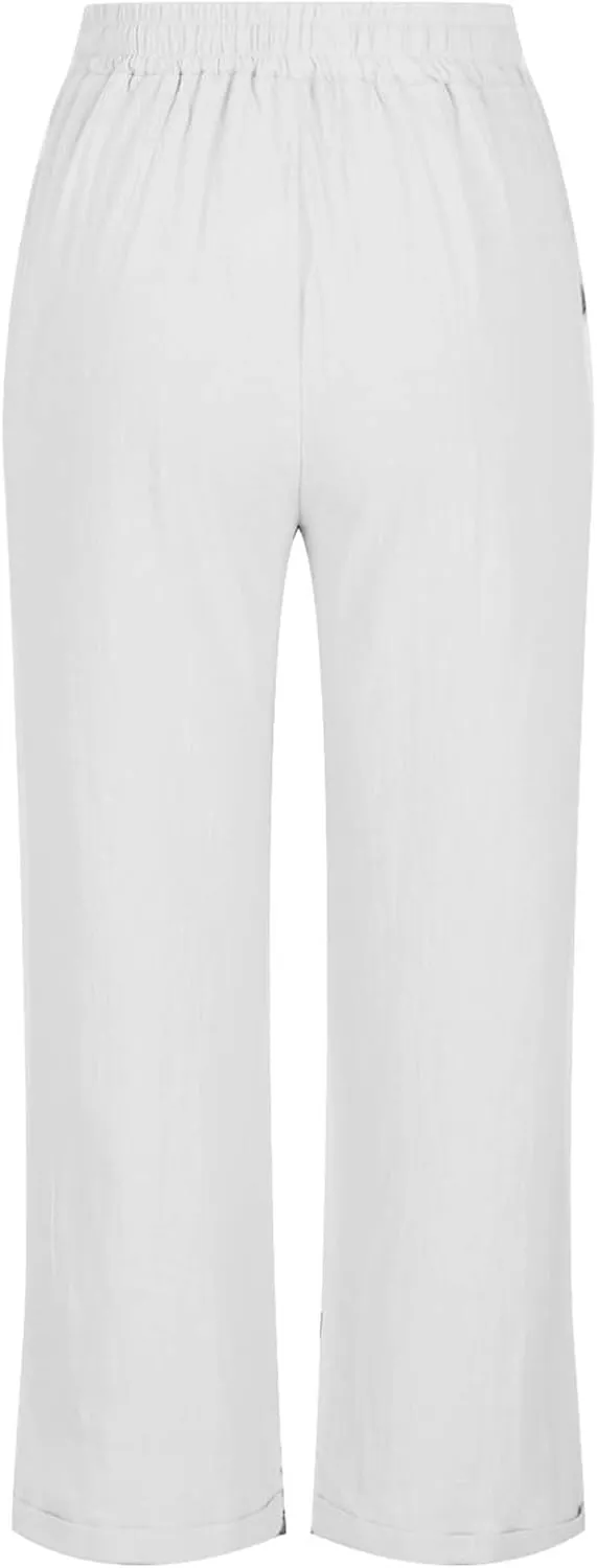 YRAETENM Women's Linen Drawstring Pants Summer Elastic High Waisted Capris Casual Straight Leg Cropped Trousers with Pockets
