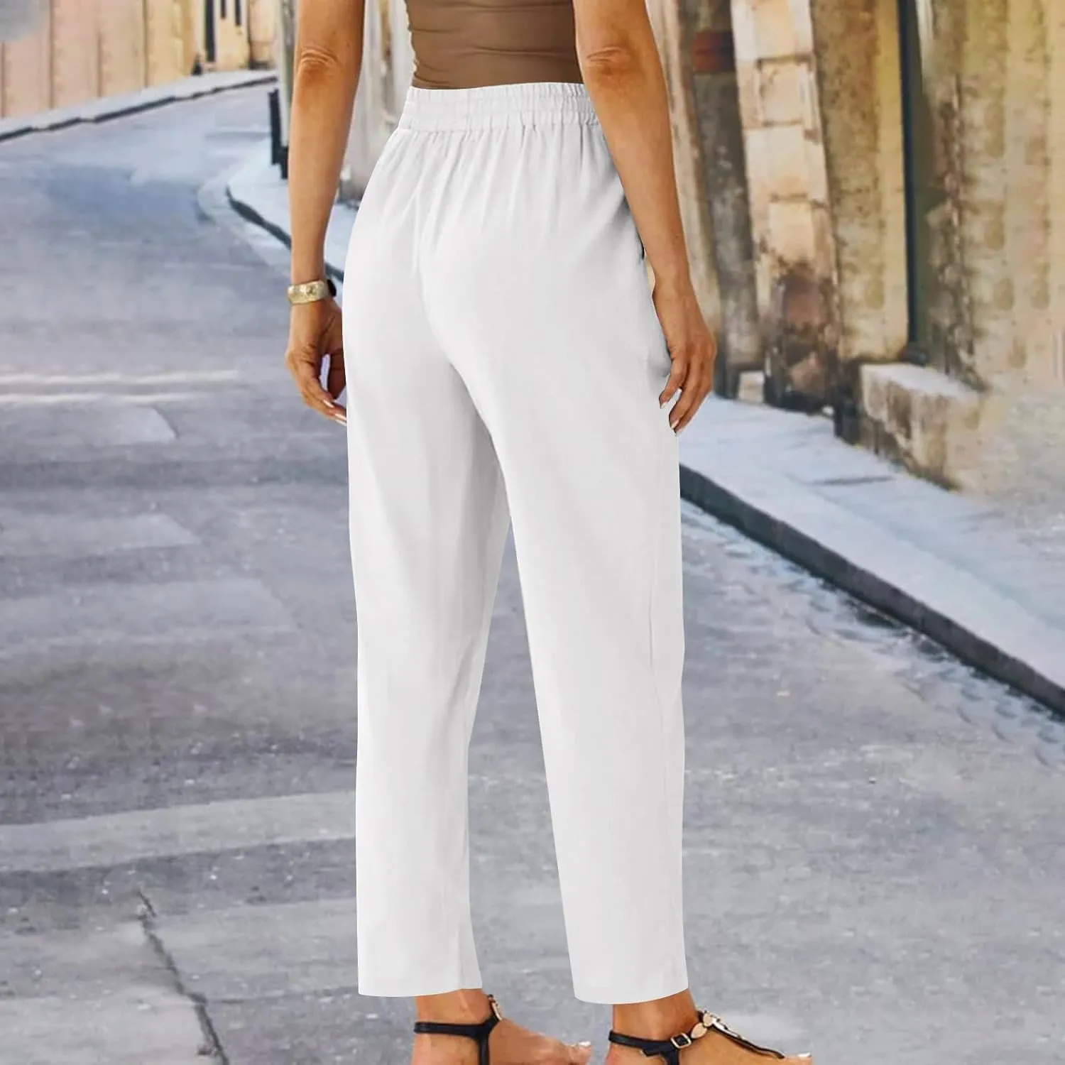 YRAETENM Women's Linen Drawstring Pants Summer Elastic High Waisted Capris Casual Straight Leg Cropped Trousers with Pockets