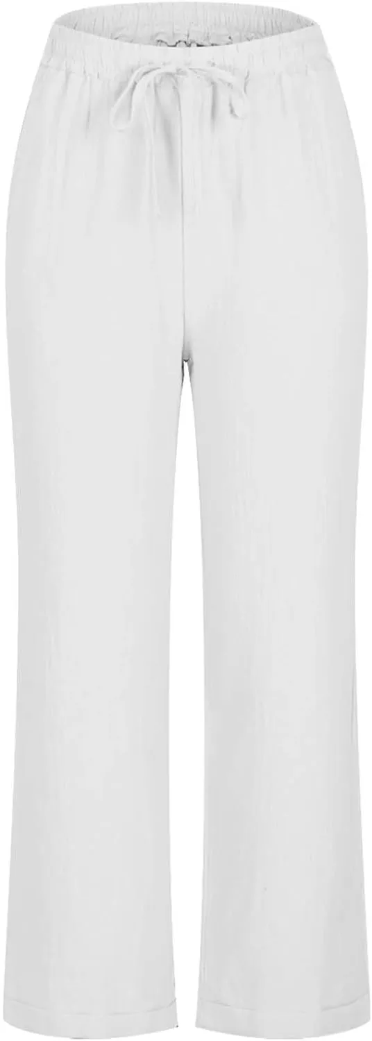 YRAETENM Women's Linen Drawstring Pants Summer Elastic High Waisted Capris Casual Straight Leg Cropped Trousers with Pockets