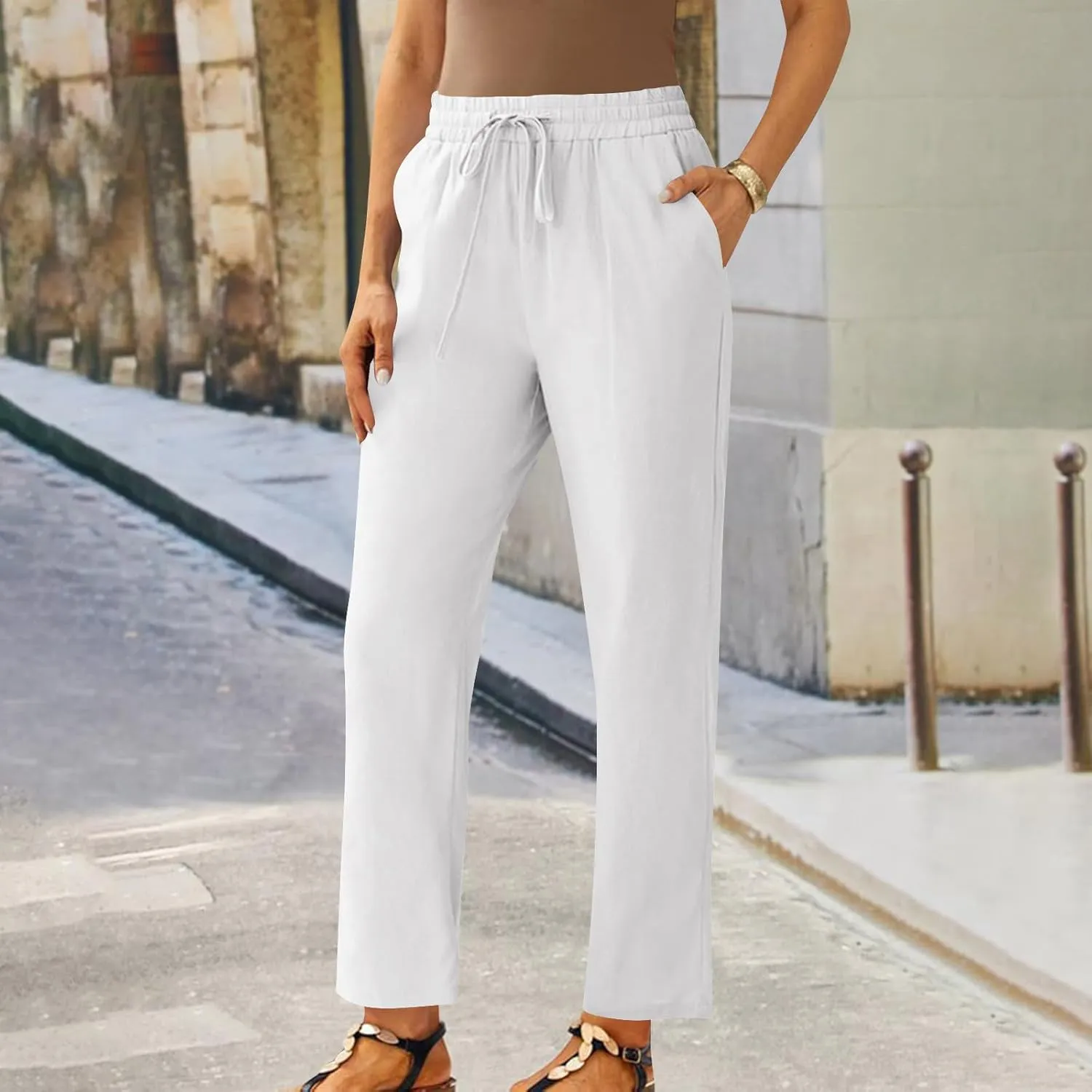 YRAETENM Women's Linen Drawstring Pants Summer Elastic High Waisted Capris Casual Straight Leg Cropped Trousers with Pockets