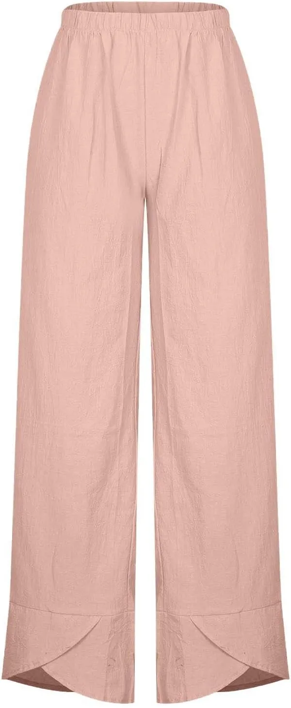 YRAETENM Womens Linen Pants Casual High Waisted Drawstring Elastic Trousers Loose Fit Straight Leg Capris Pants with Pockets