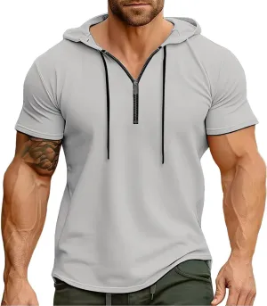 Zip Hoodies for Men Short Sleeve Slim Fit Casual Workout Tshirts Summer Sports Gym Sweatshirt Big and Tall Tees