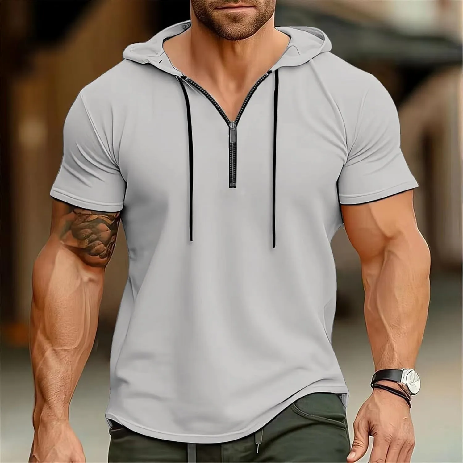 Zip Hoodies for Men Short Sleeve Slim Fit Casual Workout Tshirts Summer Sports Gym Sweatshirt Big and Tall Tees