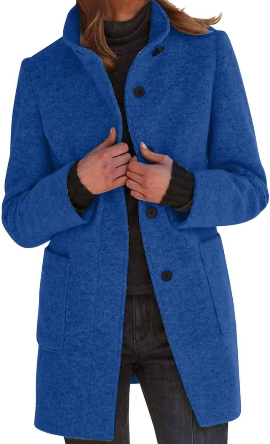 ZWRXW Women's Wool Blend Pea Coat Button Down Stand Collar Thicken Jacket Casual Solid Mid-Long Outerwear with Pockets