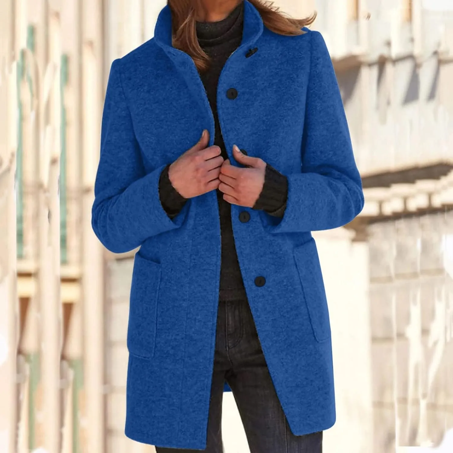 ZWRXW Women's Wool Blend Pea Coat Button Down Stand Collar Thicken Jacket Casual Solid Mid-Long Outerwear with Pockets