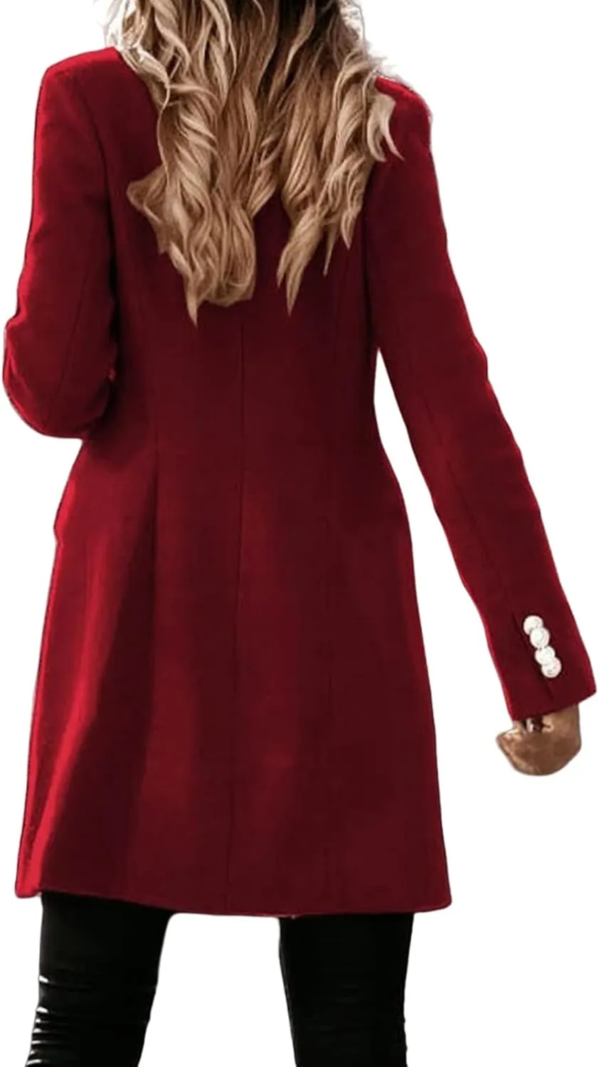 ZWRXW Women's Wool Blend Peacoat Double Breasted Midi Trench Coat Notched Lapel Slim Fit Jackets Trendy Fall Overcoat Outwear