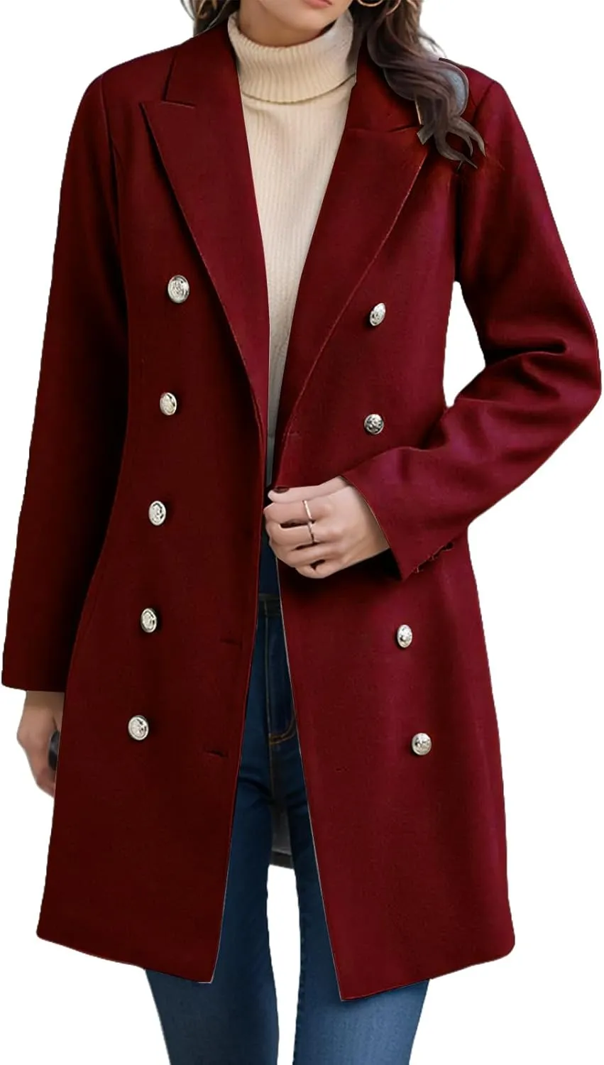 ZWRXW Women's Wool Blend Peacoat Double Breasted Midi Trench Coat Notched Lapel Slim Fit Jackets Trendy Fall Overcoat Outwear