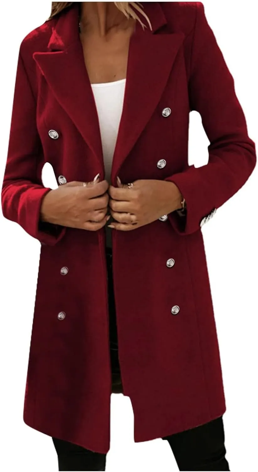 ZWRXW Women's Wool Blend Peacoat Double Breasted Midi Trench Coat Notched Lapel Slim Fit Jackets Trendy Fall Overcoat Outwear